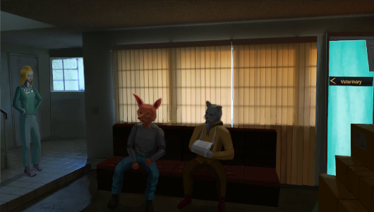 A fox and a cat wait for their android vet.